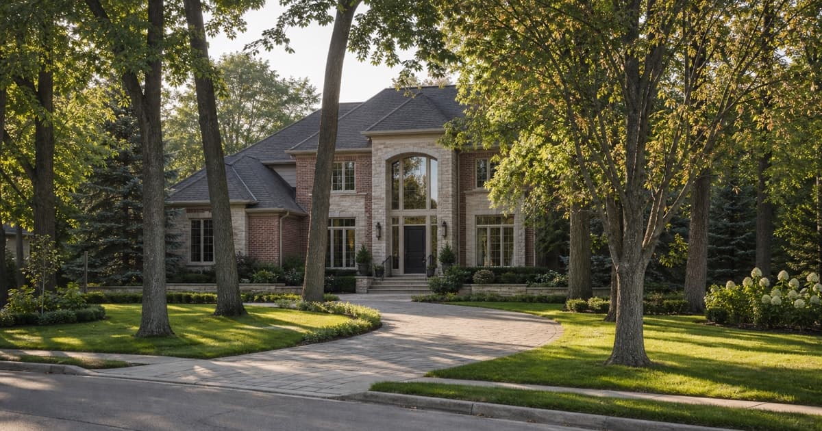 Large detached Aurora-area home on a deep, tree-lined lot with tall foyer glass and mature landscaping