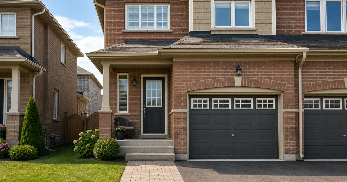 Exterior of a post-2000 GTA semi-detached home with standard builder front entry door and attached garage, suburban afternoon light, no people