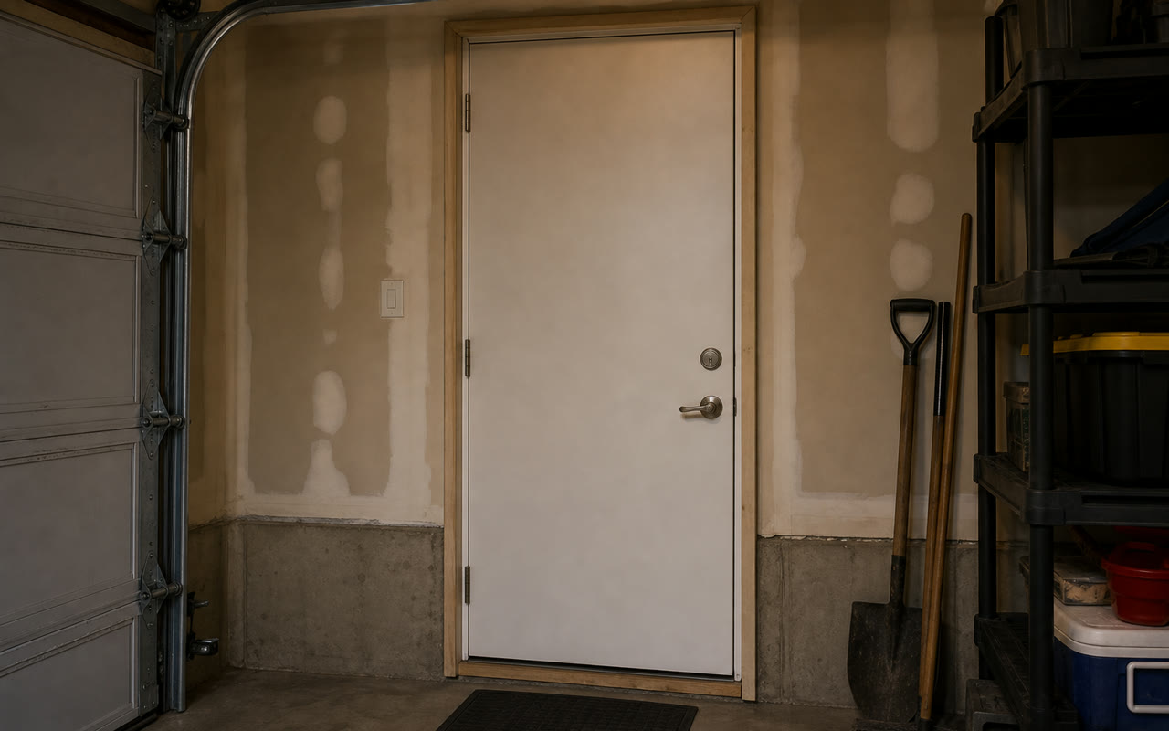 Hands examining a residential door jamb showing a standard strike plate with visible wood splitting around the strike zone, softwood frame exposed, interior hallway visible in background